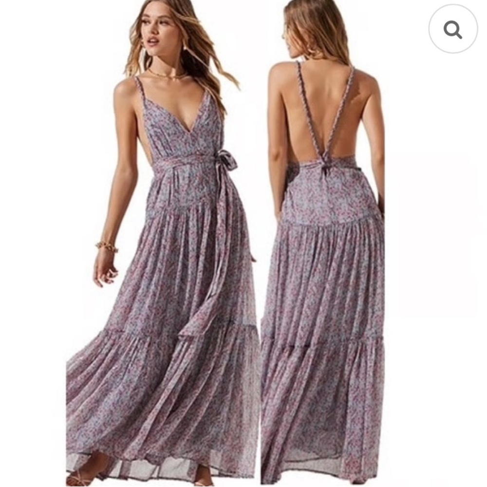 ASTR the Label Eartha Floral Tiered Maxi Dress in Blue & Pink Multi Ditsy color